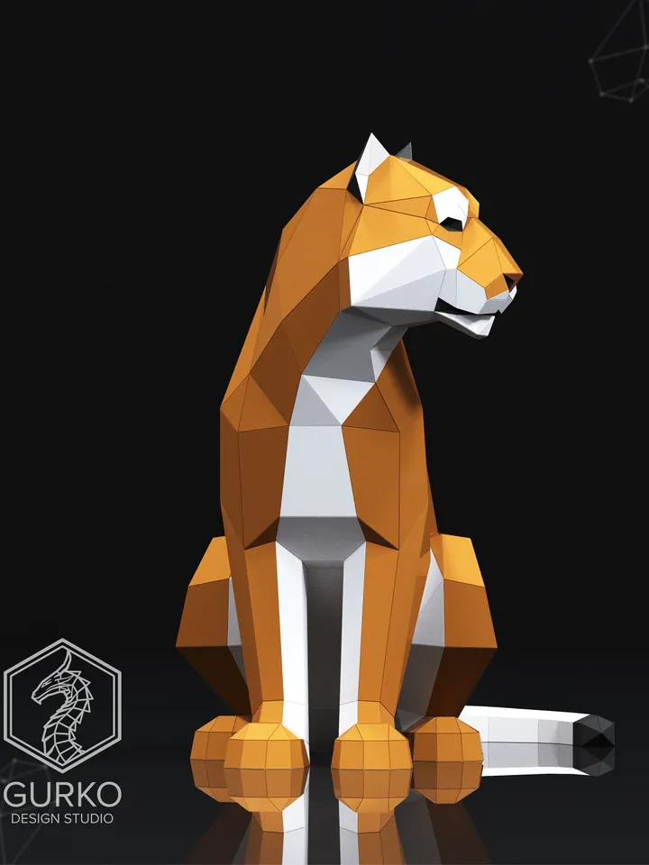 Papercraft Sitting Tiger Turned, Cat, Digital Template, PDF Download, Gurko, LowPoly, Pepakura, DIY Origami Sculpture, Paper Party Decor