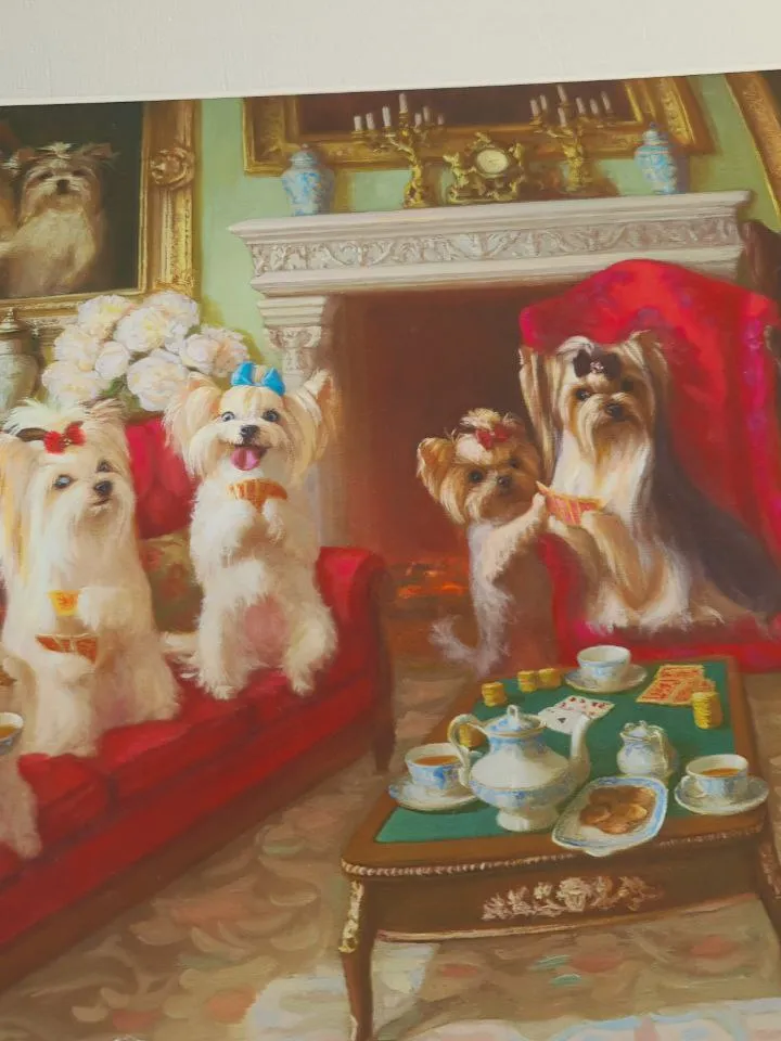 print of oil painting  dogs "Poker" Yorkshire Terriers