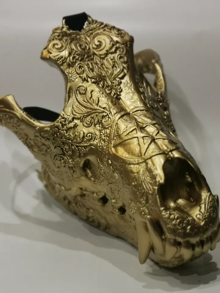 Golden Wolf Skull Mask, Pattern Mask, burning man mask, custom cosplay mask, cosplay face mask, shamanic mask, pagan mask, ritual mask