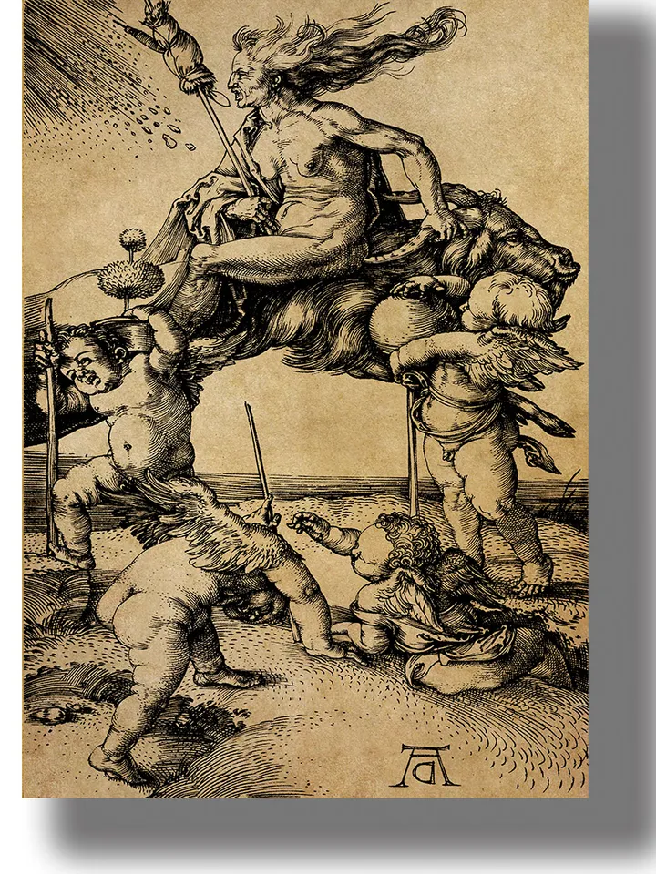 Albrecht Dürer artwork. Witch riding backwards on a goat.
