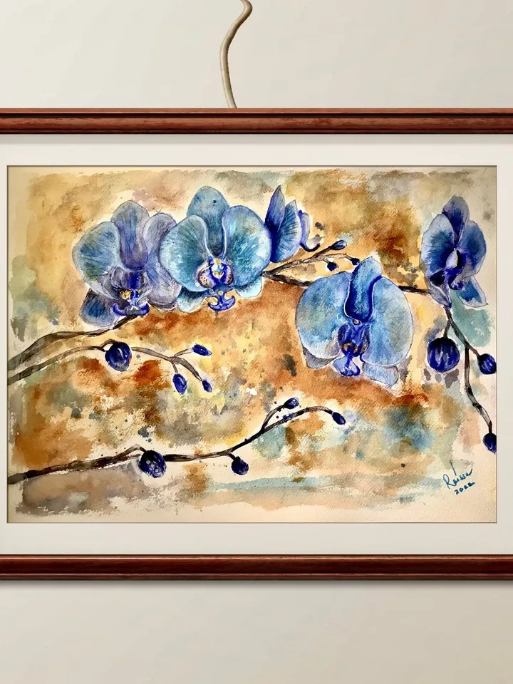 Blue orchids original watercolour painting,flowers watercolour painting,orchids wall art,unique watercolour gifts,one of a kind.