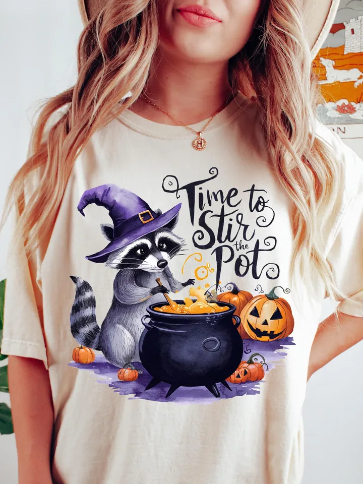 Time To Stir The Pot Png Funny Raccoon Witch Retro Halloween Png Spooky Season Png Funny Halloween Witch Brew Png Vintage design ORIGINAL