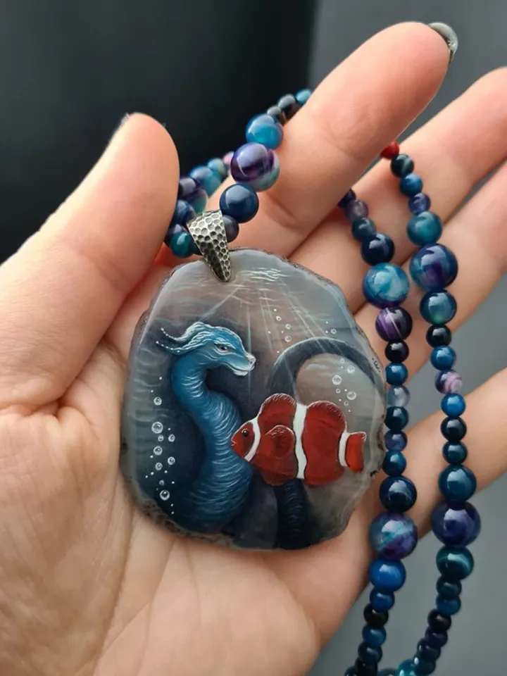 Dragon necklace Blue Dragon on Agate Stone charm Christmas Gift Wrapping