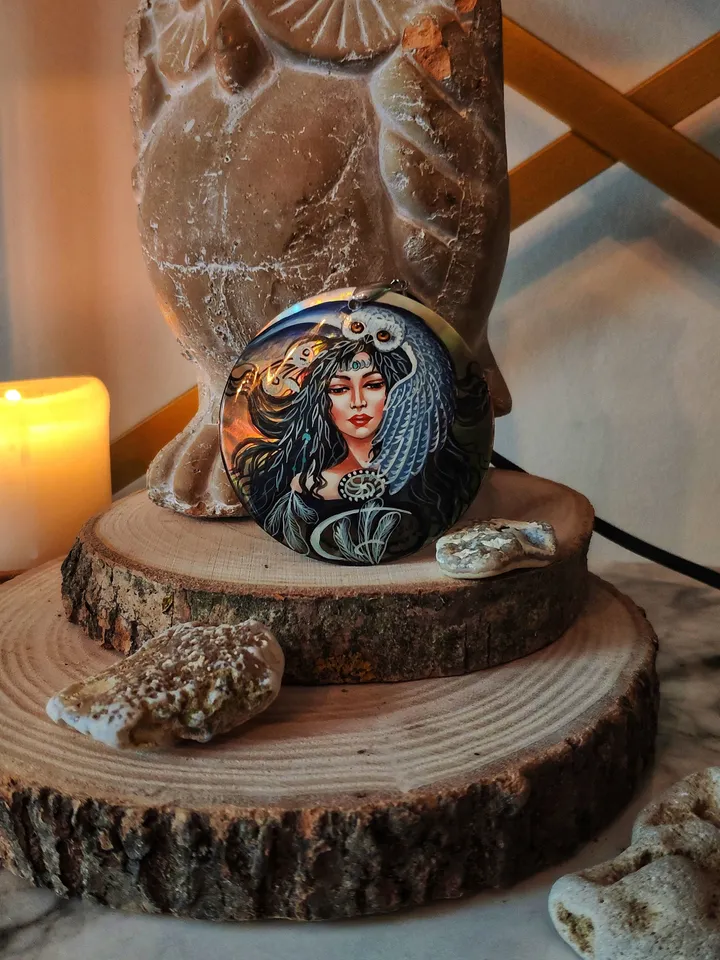 Pearl pendant necklace: Woodland fairy and owl painted on Lacquer handmade jewelry • Unique statement magic necklace for fantasy lover girl