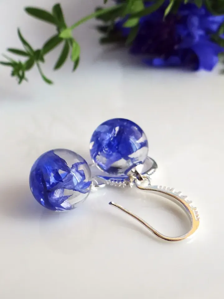Earrings with cornflower flowers (ball pendants)