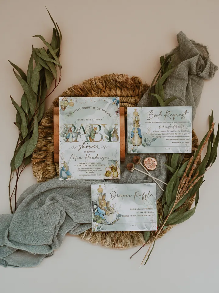 Classic Peter Rabbit Baby Shower Invitation Suite; Neutral Baby Shower Bundle Template; Peter Rabbit Baby Shower Invite; pr4