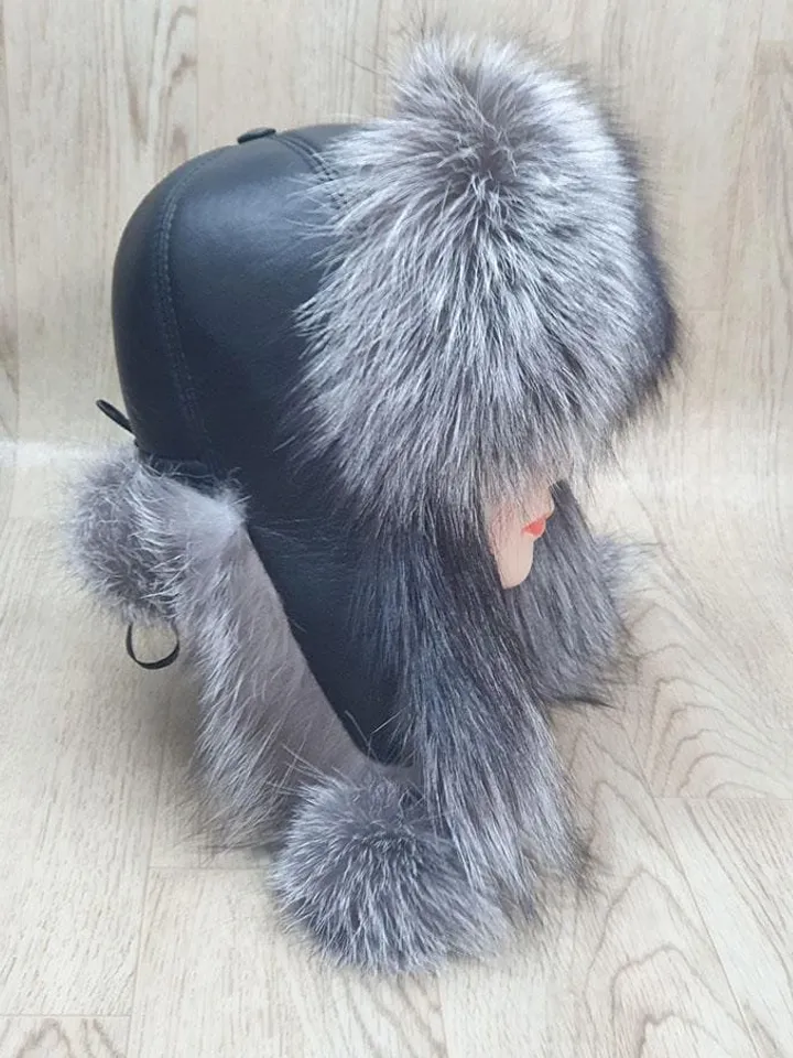 Women's Silver Fox Hat. Fur hat for Winter. Top of the hat is genuine leather. Hat with a pompom. Model Zimushka, Warm, Comfortable, Fashion