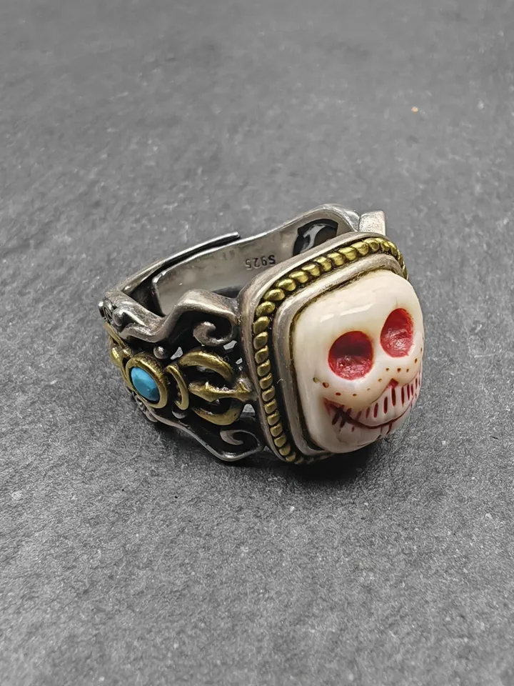 Gandhanra Unique Handcrafted Tibetan Silver Ring | Ivo Citipati Skull Master Ring | Adjustable Size | Protection Jewelry | Spiritual Gift