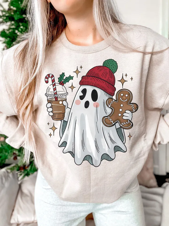 Vintage Christmas Ghost PNG for Retro Coffee Decor & Halloween Fun, Holiday PNG, Boojee Ghost - Spooky Holiday Decor, Christmas Trending Png