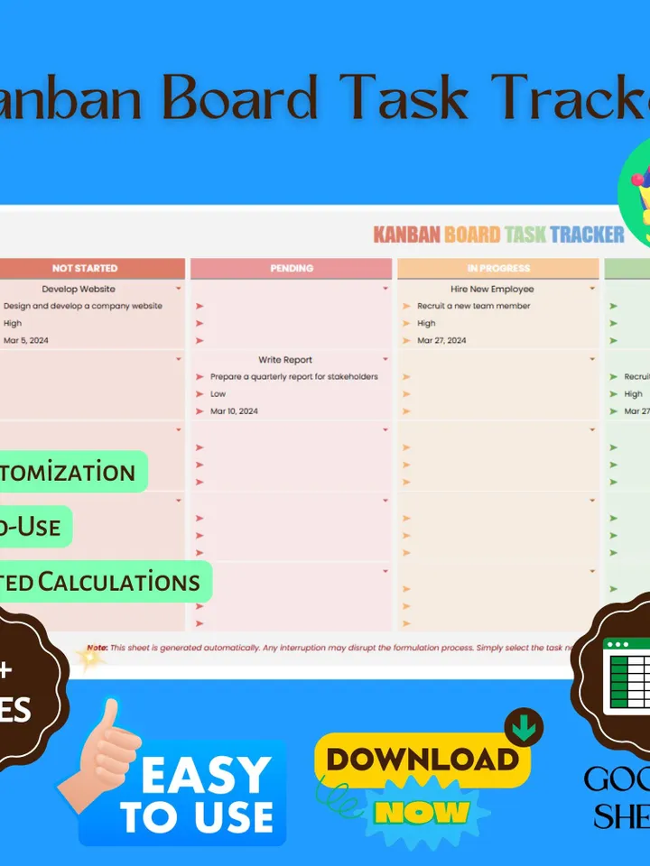 Kanban Board Task Tracker Template, Editable Google Sheets, Project Management Tool for Task Organization