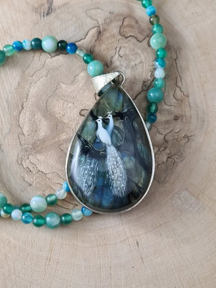 White peacock on labradorite gemstone pendant Miniature painting Necklace