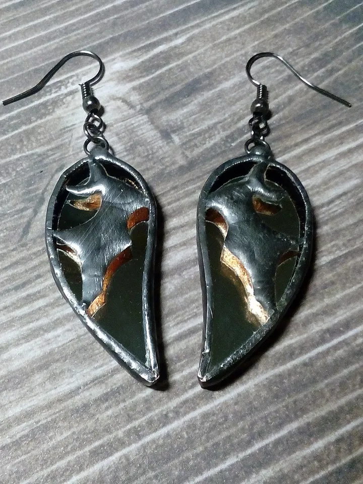 Glass black BAT mirror earrings, Goth black earrings, Halloween stained glass, Bat wings earrings, samhain