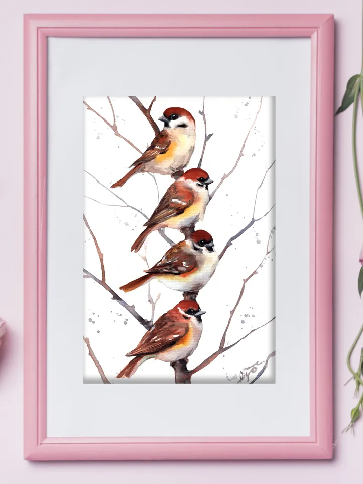 Sparrows original watercolor, birds painting, wall decor, 7x10 in art for birds lovers by Anne Gorywine