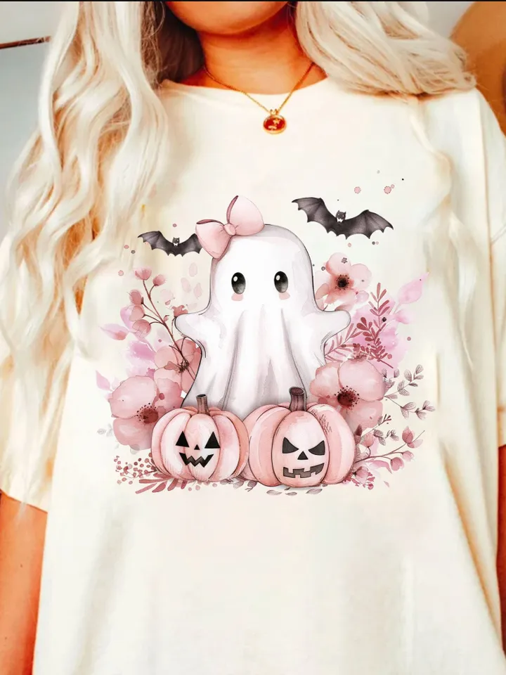 Pink Halloween PNG, Spooky Ghost, Autumn sublimation design, Fall PNG, Pumpkins, leaves PNG, Watercolor Sublimation, Coquette Pink Ghouls