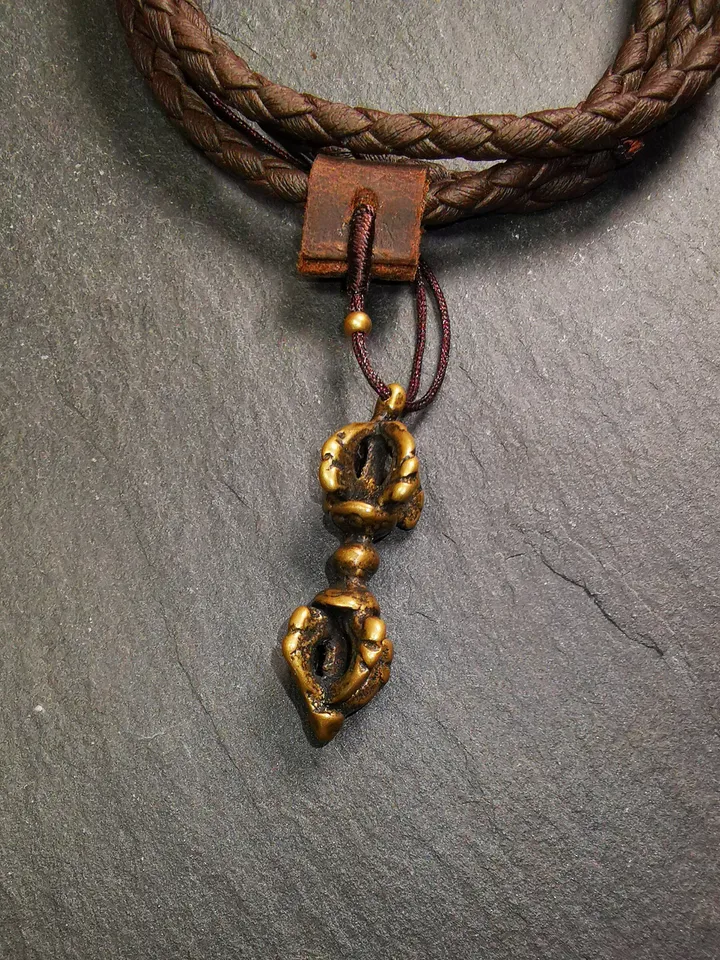 Gandhanra Tibetan Buddhist Amulet,Dorje Vajra Pendant with Leather Chord,Made of Brass,1.5"