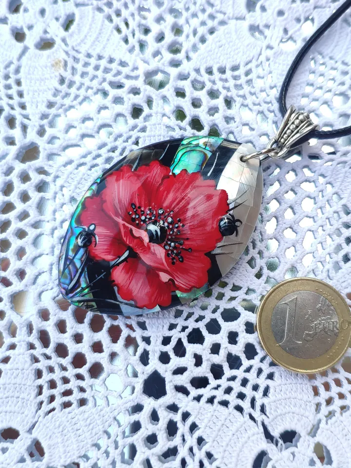 Pearl pendant necklace: Big red poppy flower on handmade necklace • Hand painted statement jewelry for dress • unique trendy floral necklace