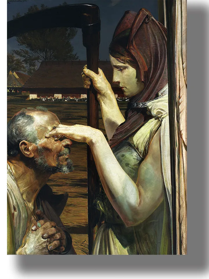 The old man and death. Grim angel of death with a scythe.