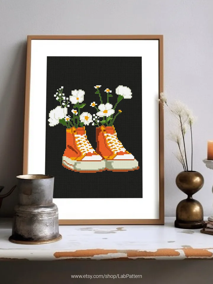 Sneakers with Flowers Bundle of 3 cross stitch pattern nature style boy girl nursery decor counted chart gift DIY embroidery, instant PDF