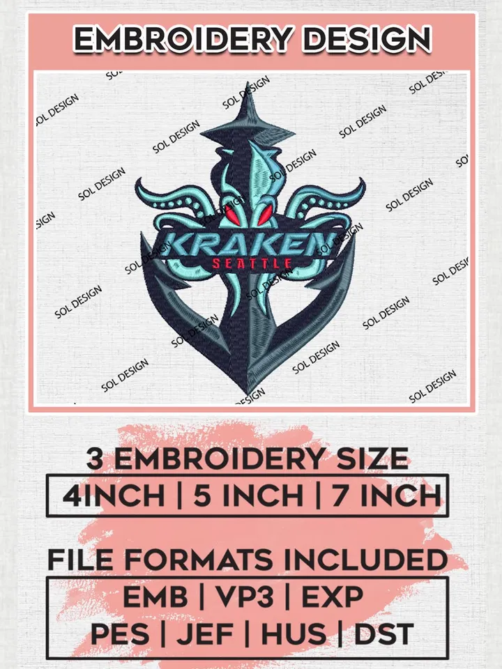 NHL Seattle Kraken Mascot Logo Embroidery Designs, NHL Seattle Kraken Team Logo Embroidery, NHL Embroidery Designs, NHL Machine Embroidery Designs, Digital Download