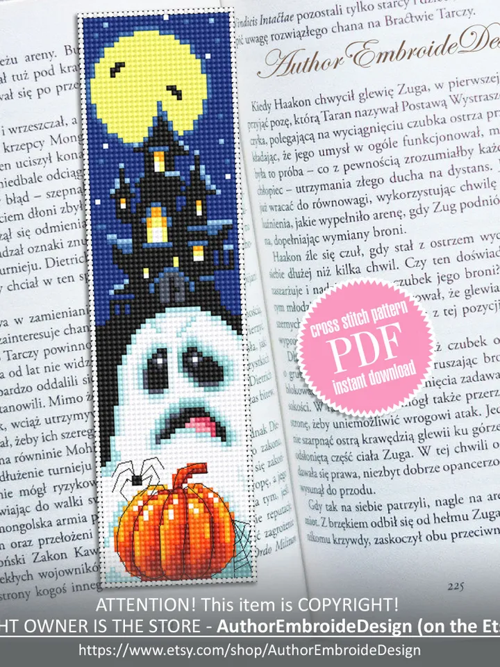 Halloween bookmark cross stitch pattern PDF download Halloween pumpkin cross stitch chart, Bookmark pattern digital, Book accessories #B337