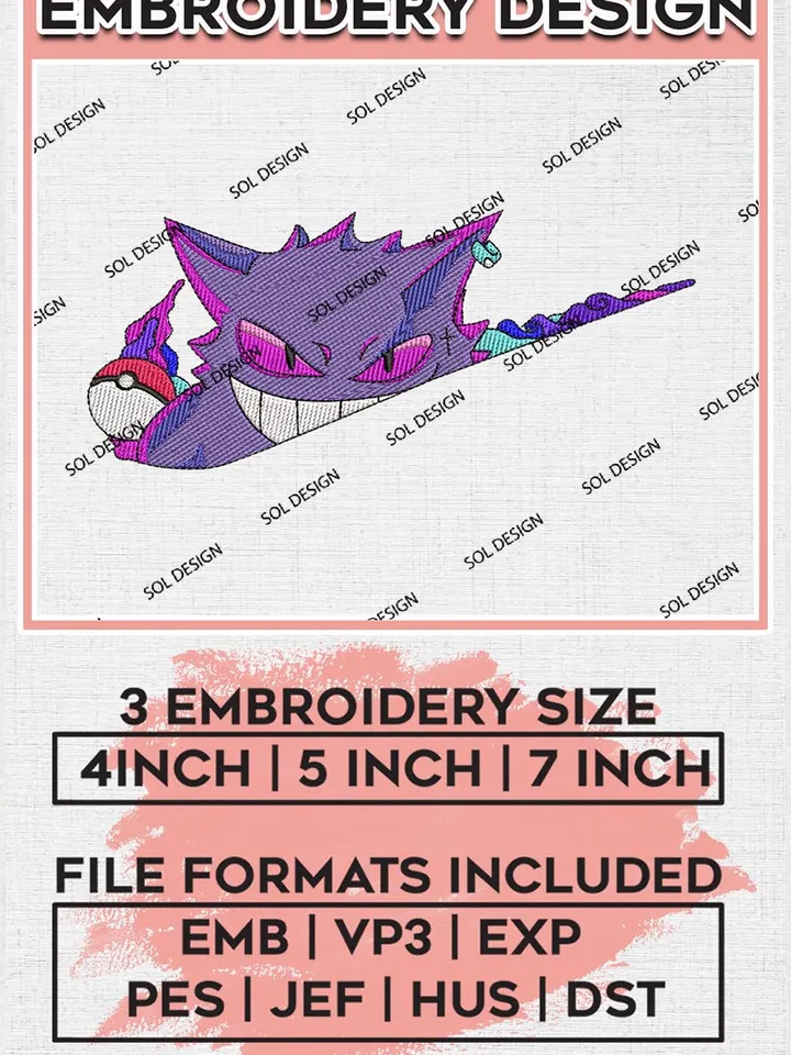 Nike Gengar Embroidery Design, Pokemon Embroidery Files, Anime Character Machine Embroidery Digital Download EMB_ANIME_149