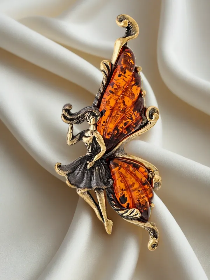 Fairy Butterfly Brooch Jewelry Gift For Women Girlfriend Christmas Birthday Gift girl Fairytale Jewelry Figure Brooch For Her Gold brass with black dark orange amber