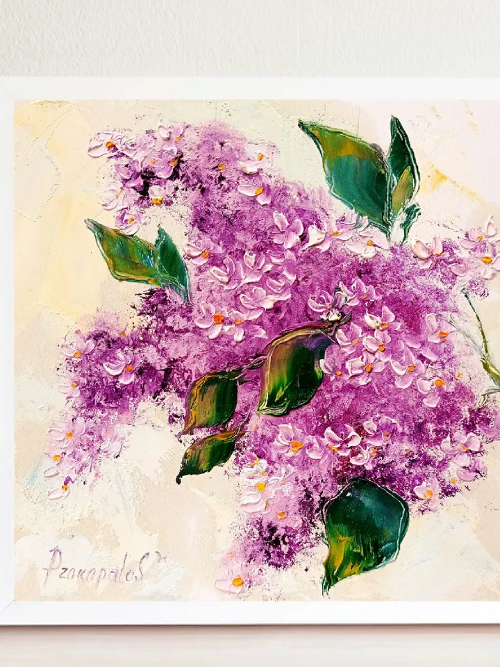 Lilac Painting Floral Original Art Impasto Painting Flower Wall Art Lilac Flowers Painting Oil Painting Country 8x8 by ArtProkopaloSv