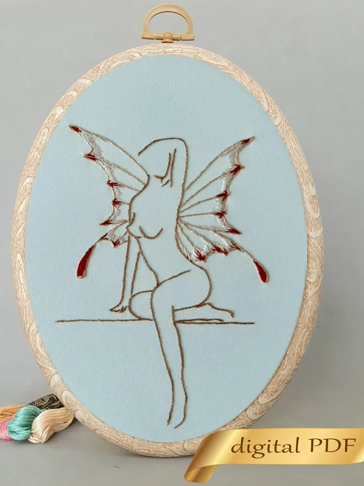 Woman butterfly pattern pdf embroidery, Easy embroidery DIY, naked woman outline embroidery. art 2