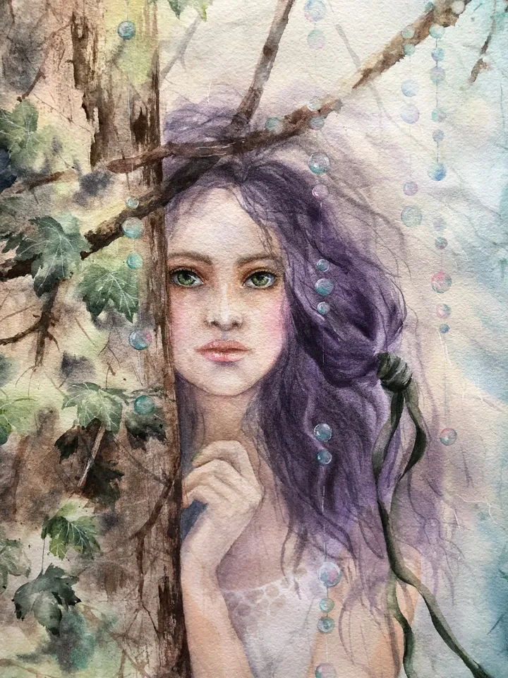 Woman in the Forest Painting Original Girl Watercolor Painting Forest Fairy
