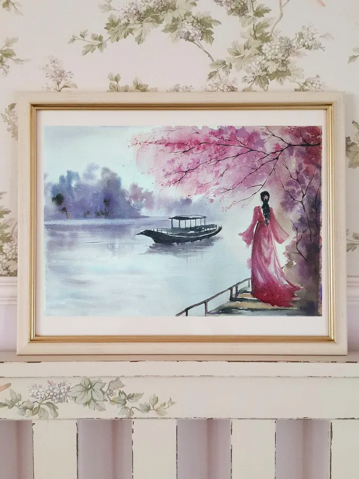 Japan Landscape Painting Original Watercolor Art Sakura blossoms Artwork 11.81x15.75 in by SoftWaves
