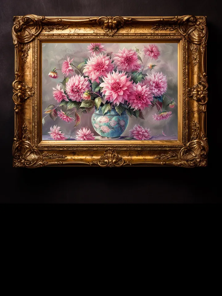 Bouquet of pink dahlias in a vase watercolor drawing, digital illustration, digital painting , wall art decoration. AI