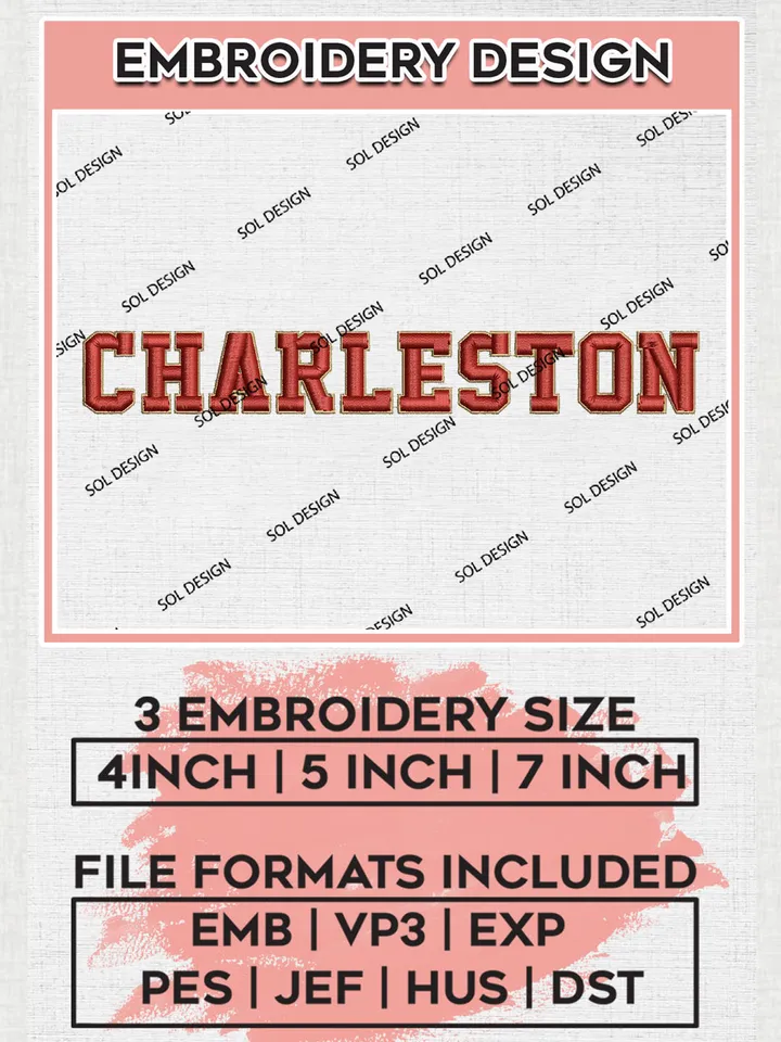 NCAA Charleston Team Writing Logo Embroidery Design Files, NCAA Charleston Cougars Machine Embroidery, NCAA Teams, Game Day, 3 sizes, NCAA Machine embroidery designs, Digital Download