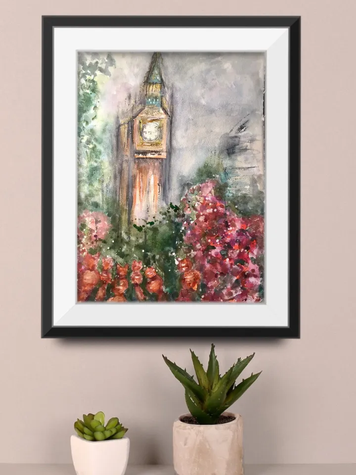 London cityscape original watercolour painting wall art,London Big Ben painting,flowers painting,England painting,wall decoration,gift.