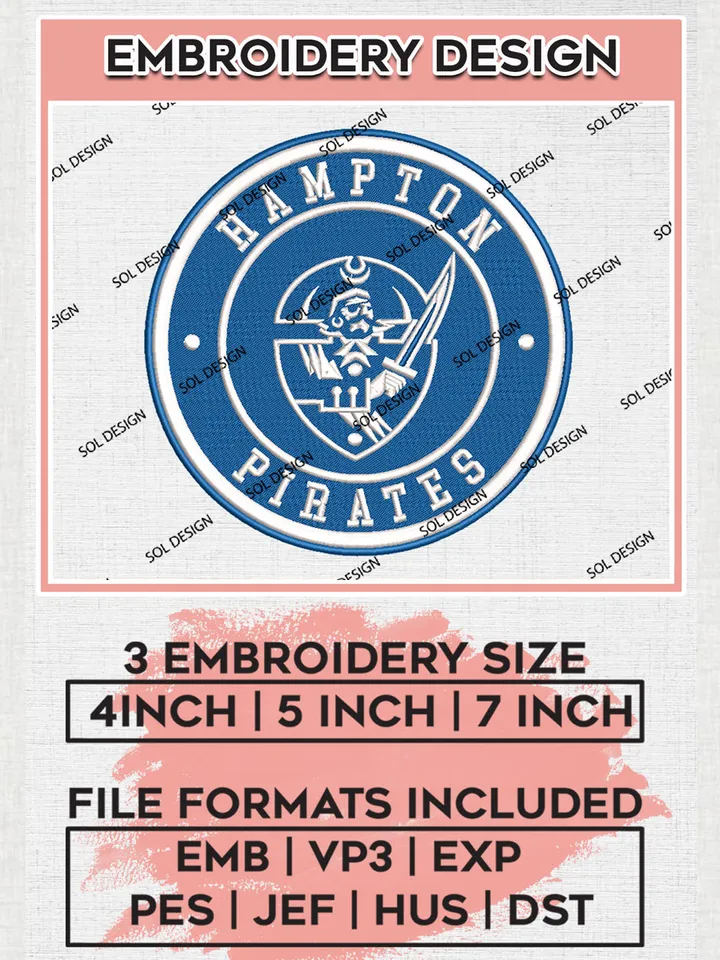 NCAA Hampton Pirates Round Logo Embroidery, NCAA Hampton Pirates Logo Embroidery files, NCAA Teams, Machine embroidery designs, Digital Download