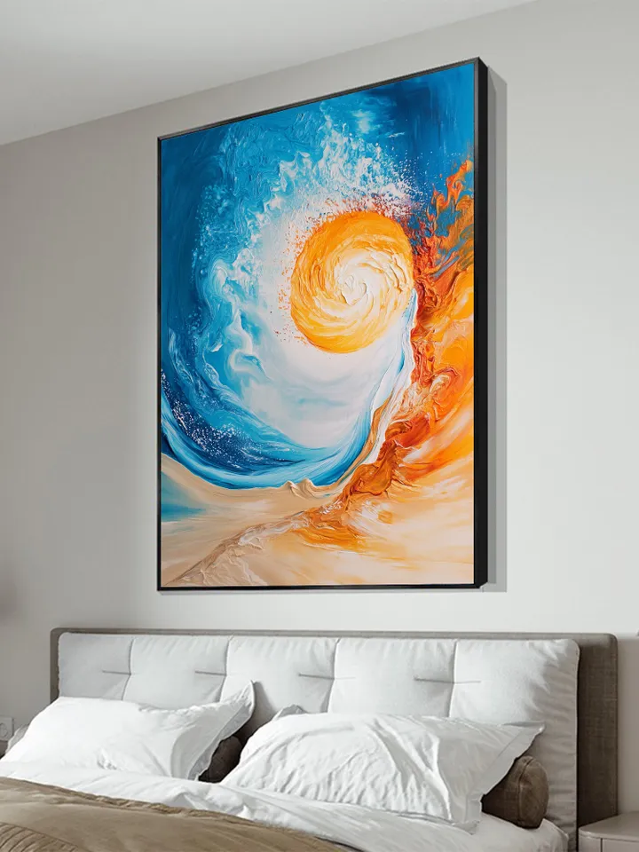 Hand-Painted Abstract Oil Painting | Vibrant Sun and Ocean Art | Stunning Blue and Orange Wall Decor for Modern Living Room