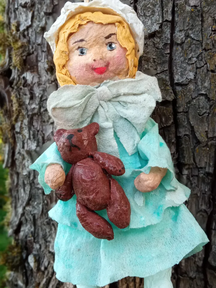 Handmade cotton toy Girl in blue dress with a teddy bear. A unique gift. Family Christmas souvenir. Original Christmas tree decoration. Made in 1 copy. Free shipping