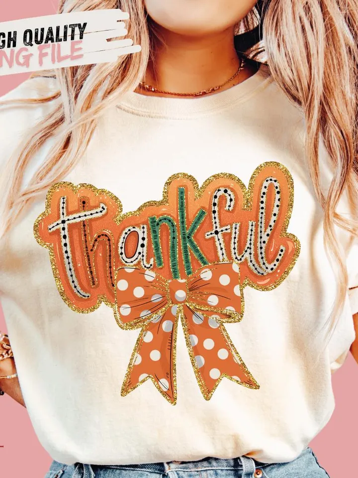 Thankful Coquette PNG, Colorful Gold Glitter Thankful png, Retro Fall png, Trendy Thanksgiving Design, Dalmatian, Autumn png, Brushstroke