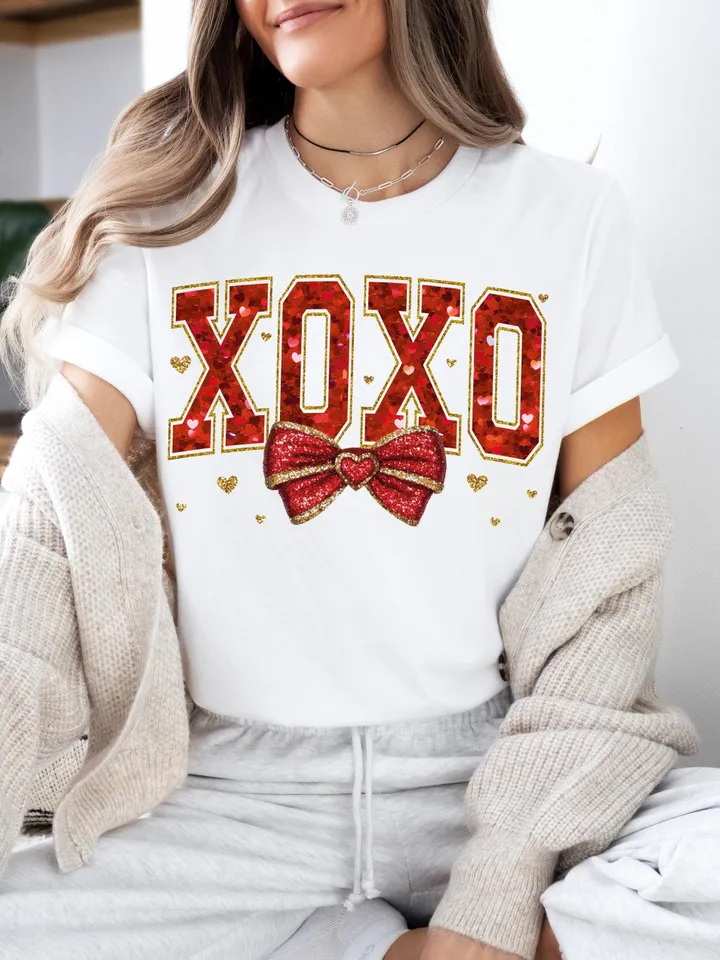 Valentine XOXO Coquette Sparkly Glitter Png, Valentines Day Shirt Design, Valentines Day PNG, Xoxo PNG, Red Faux Sequins Valentines Png