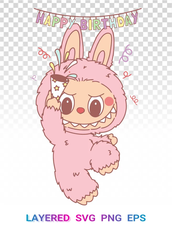 Labubu Birthday Banner PNG SVG, Happy Birthday Kawaii
