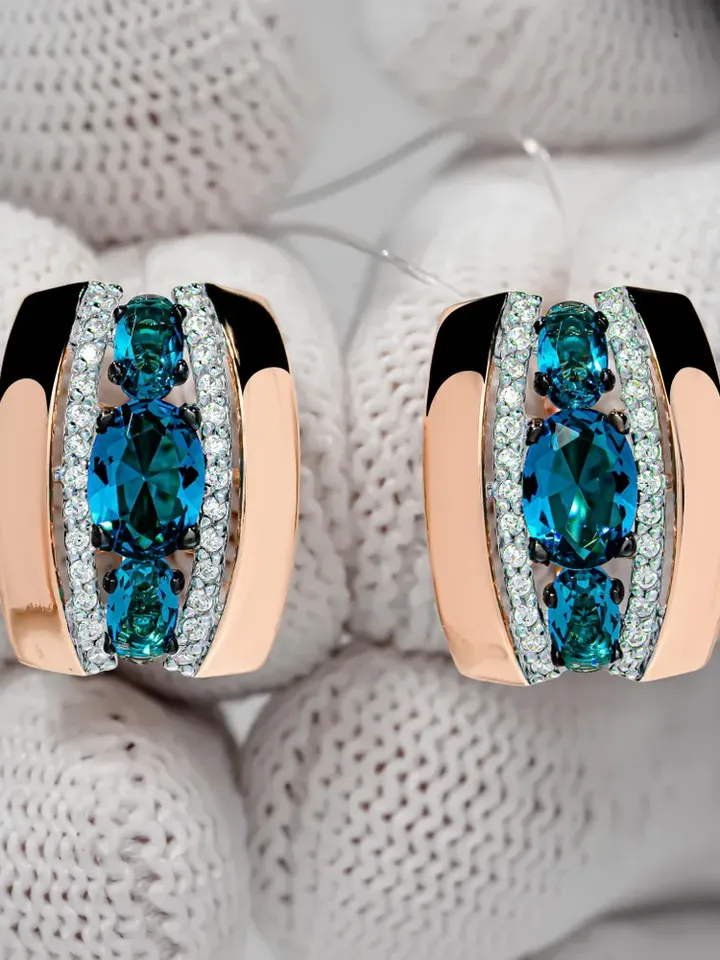 Earrings Massive earrings made of 925 silver (585 gold coating) with London topaz and white cubic zirconia
