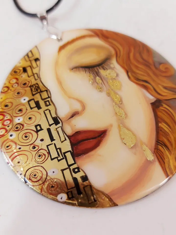 Golden Tears: Hand-Painted Nacre Pendant Inspired by Gustav Klimt's Artistic Beauty - Symbol of Acceptance and Kindness in Iconic Style