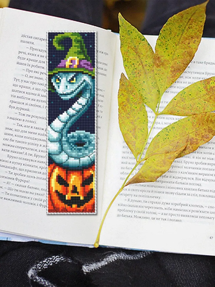 Halloween bookmark cross stitch pattern PDF download Snake witch cross stitch chart, Spooky bookmark pattern digital PDF, Pumpkin #B361
