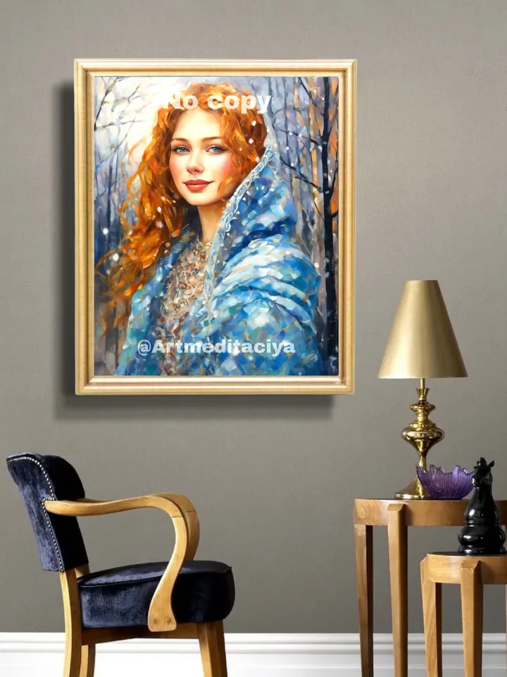 Digital abstract painting "Spring has come", a blue-eyed Slavic woman with wavy red hair in a blue shawl and silver dress on an abstract spring forest background, made in the style of oil painting