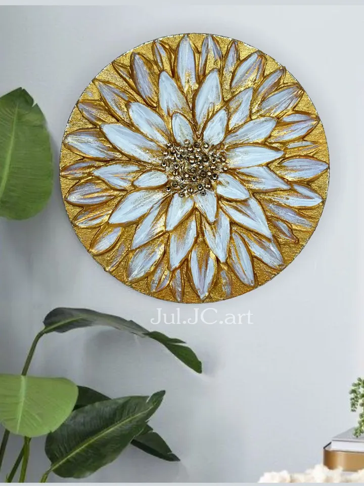 Golden Daisy art Floral Abstract Original Painting Textured artwork on a round canvas | Gold Flower wall art with gold crystals