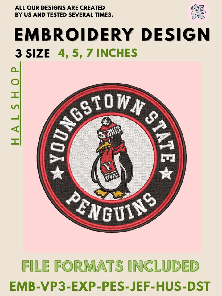 NCAA Youngstown State Penguins College Logo Embroidery Design – Classic Team Pattern, 3 Sizes Machine Embroidery Files, Instant Digital Download