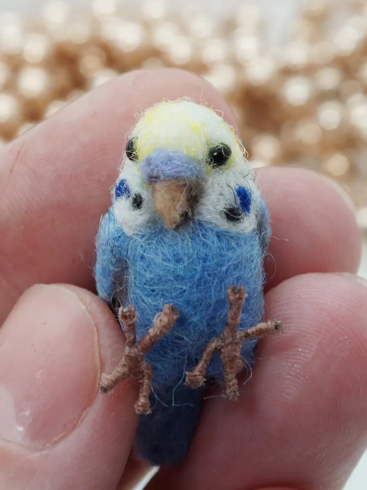 Miniature needle felted blue budgie, tiny parakeet, miniature parakeet, pet portrait, made to order