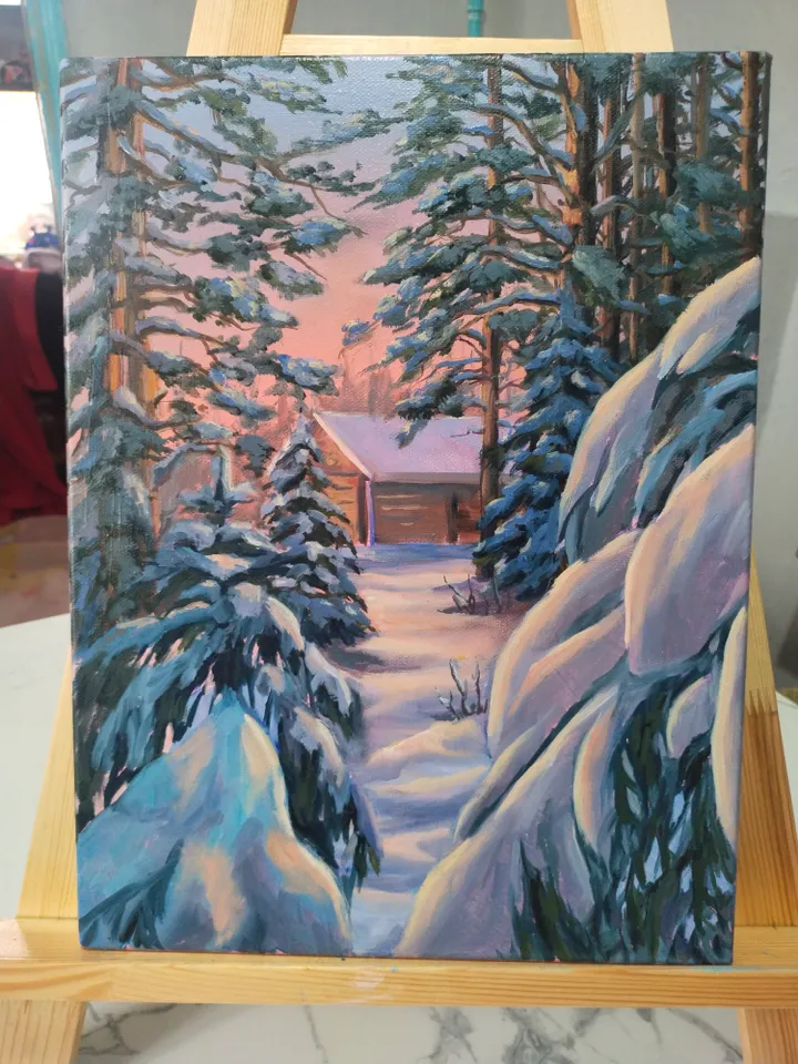 Winter Landscape Oil Painting Snow Covered Trees Small House in Forest Artwork on Canvas
