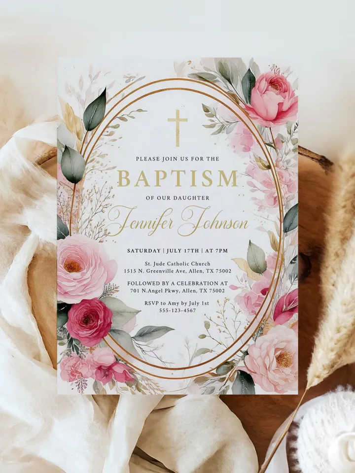 EDITABLE Floral Baptism Invitation, Printable Blush Pink & Gold Floral Template, Christening Digital Invite, Instant Download Canva template