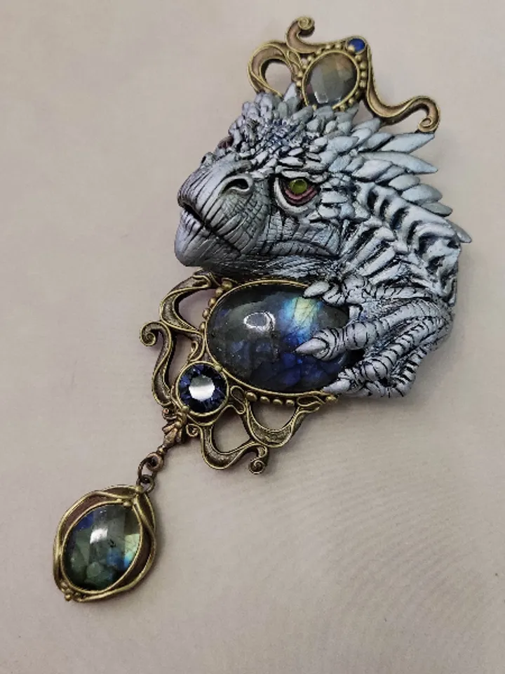 Brooch White Dragon, Dragon, Brooch with stones, unique brooch