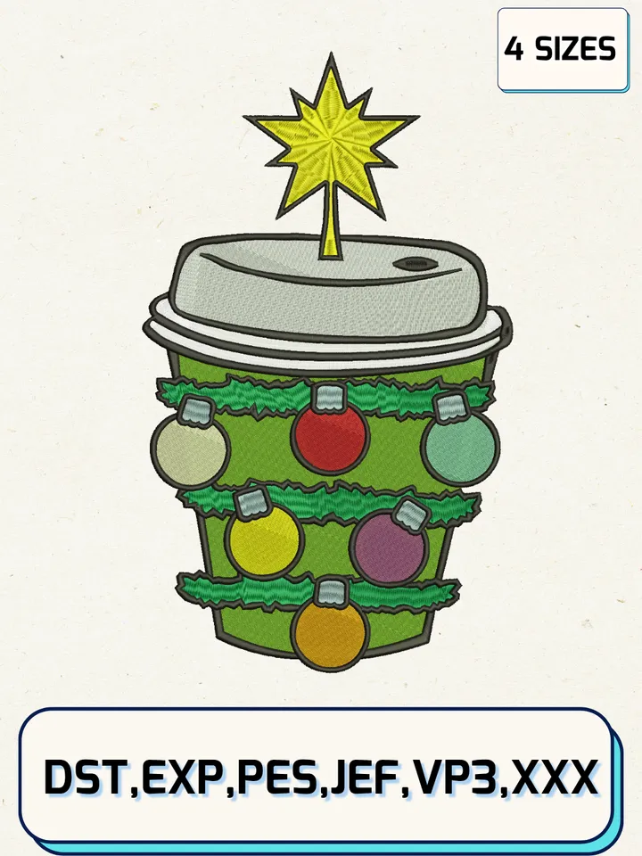Christmas Cup - Tree Embroidery Designs,Christmas Embroidery Designs,Machine Embroidery Files,4 Sizes